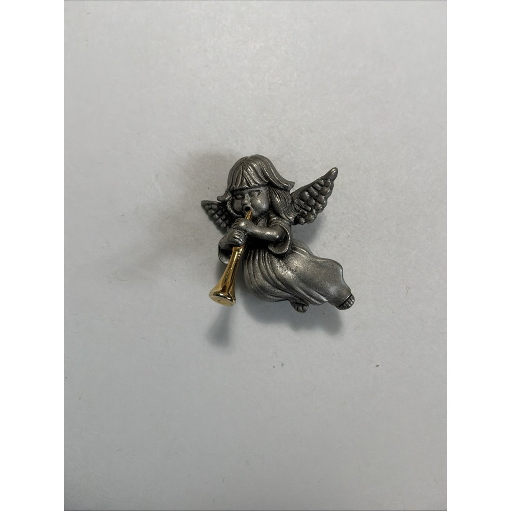 Angel Blowing Trumpet Pewter Lapel Pin Brooch Vintage Silver Gold Tone Celestial